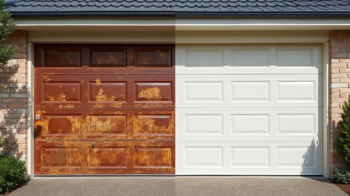 Before and after garage door repair comparison showing dramatic improvement