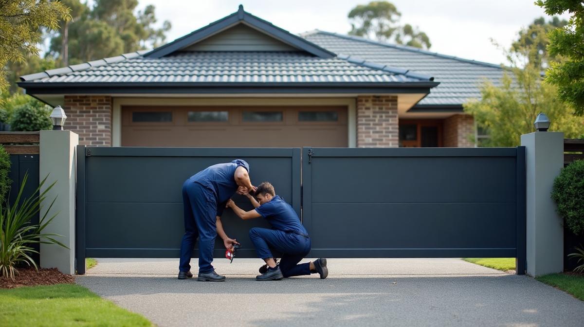 Technicians repairing automatic sliding gate