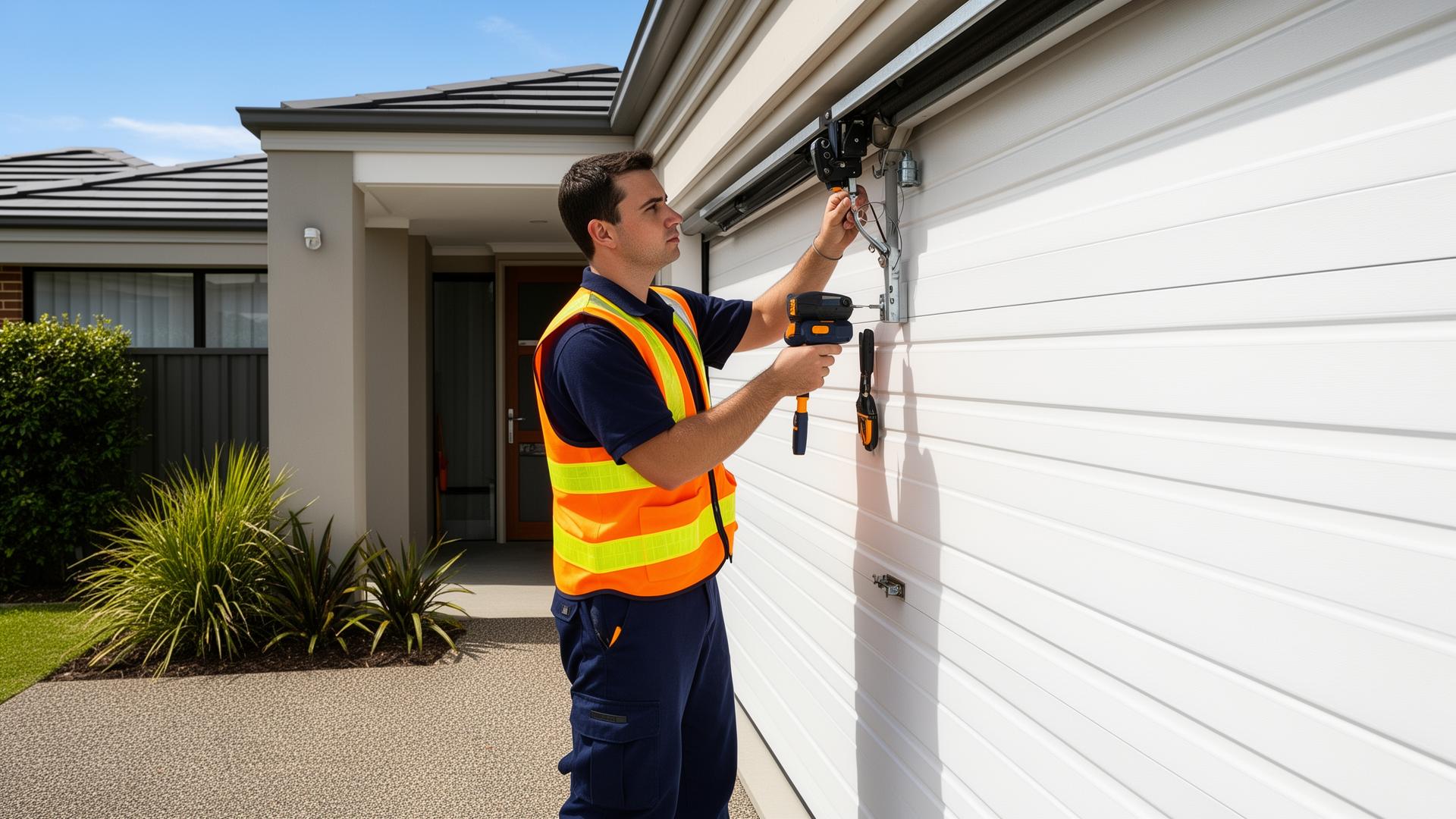 Professional garage door technician repairing a sectional garage door at an Australian home
