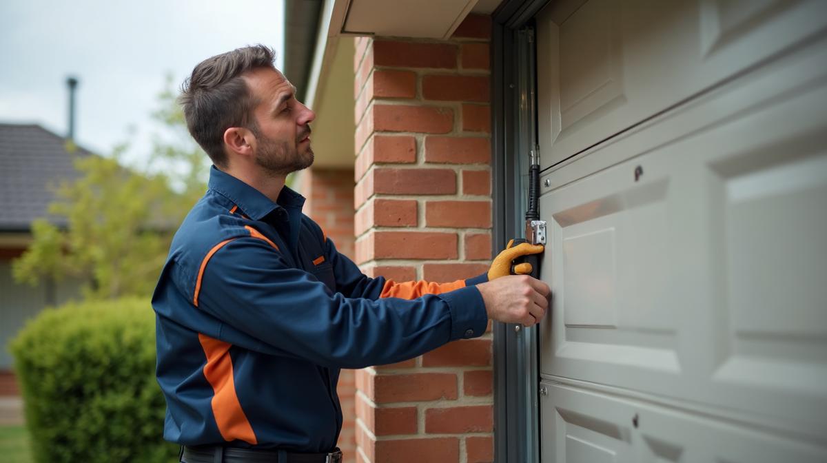 Technician repairing tilting garage door